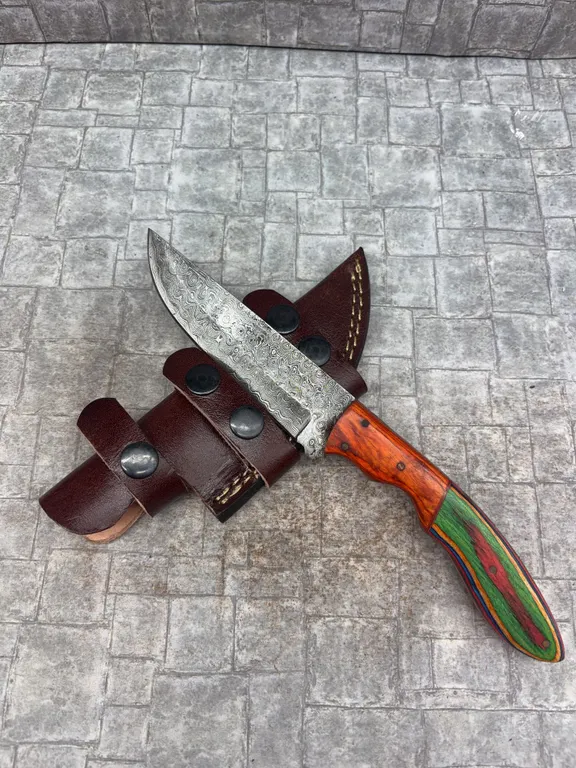 Handmade Damascus Steel Knife with Leather Sheath