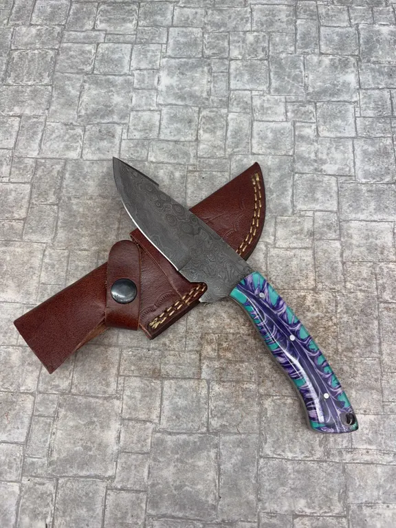 Handmade Damascus Steel Knife with Leather Sheath