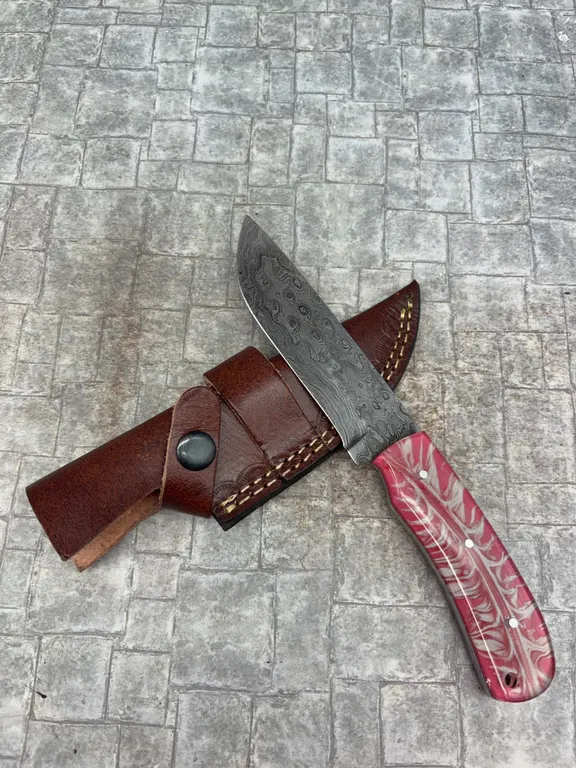 Handmade Damascus Steel Knife with Leather Sheath