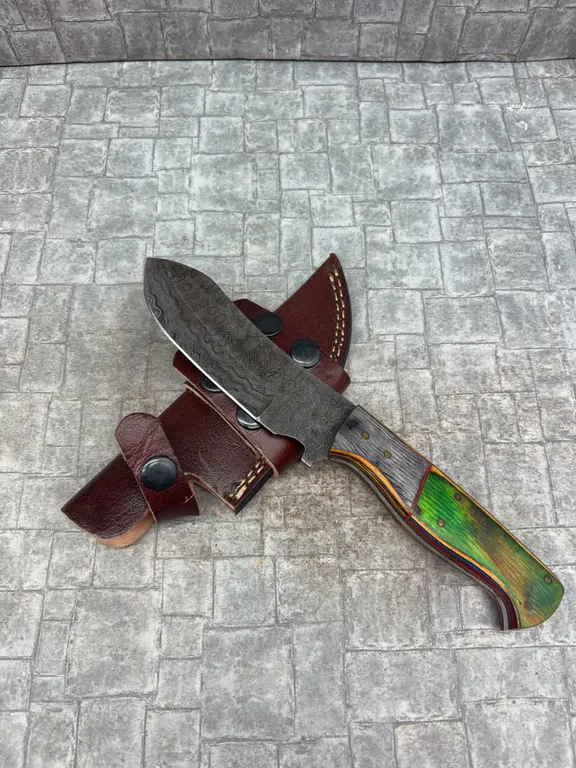Handmade Damascus Steel Knife with Leather Sheath