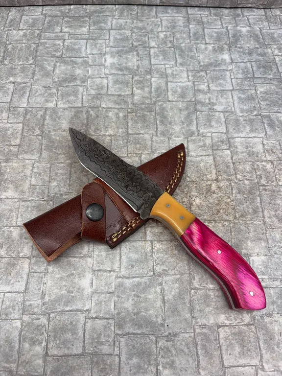 Handmade Damascus Steel Knife with Leather Sheath