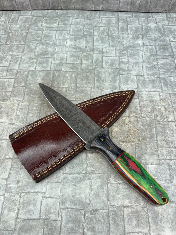 Handmade Damascus Steel Knife with Leather Sheath