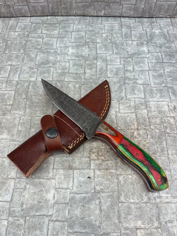 Handmade Damascus Steel Knife with Leather Sheath