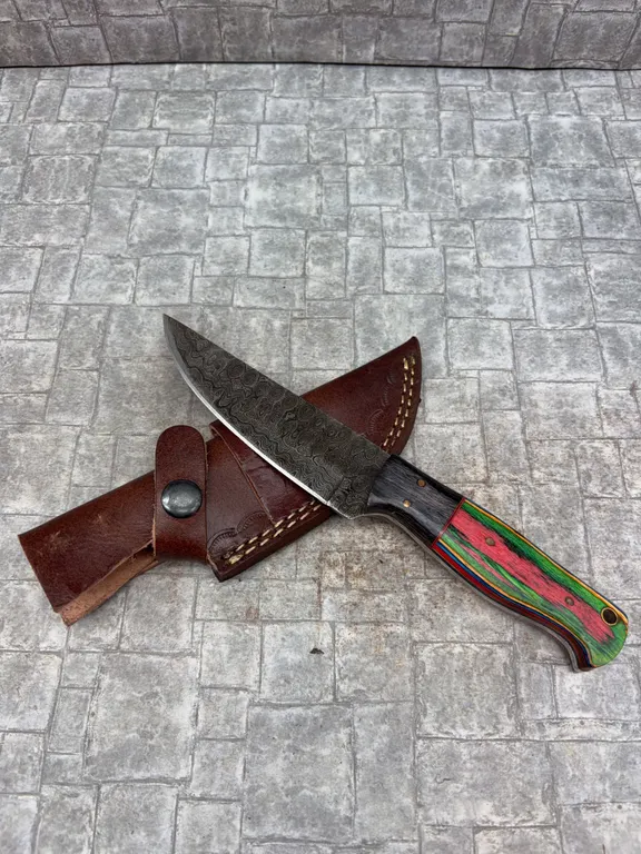 Handmade Damascus Steel Knife with Leather Sheath