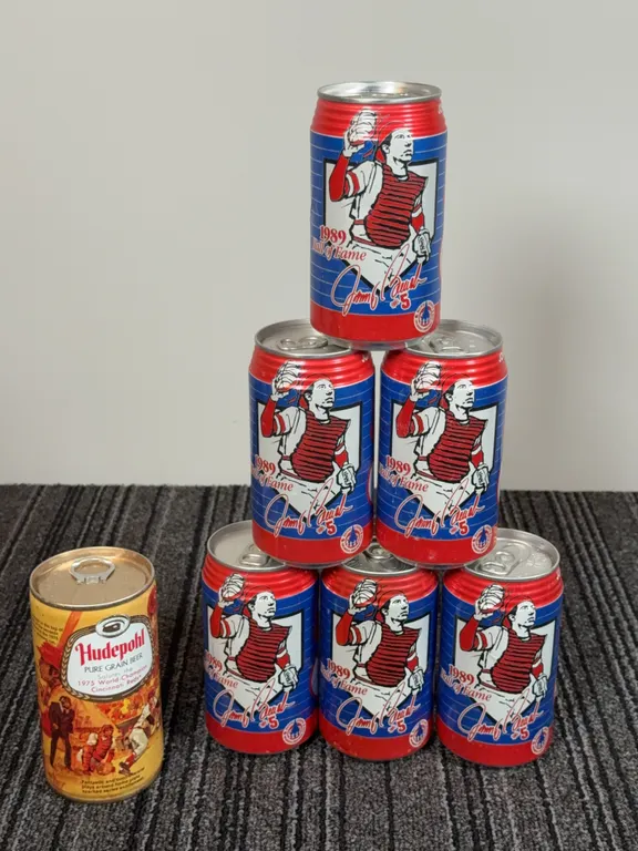6 Vintage 1989 Johnny Bench Wild Cherry Crush Cola Hall of Fame Cans - Empty