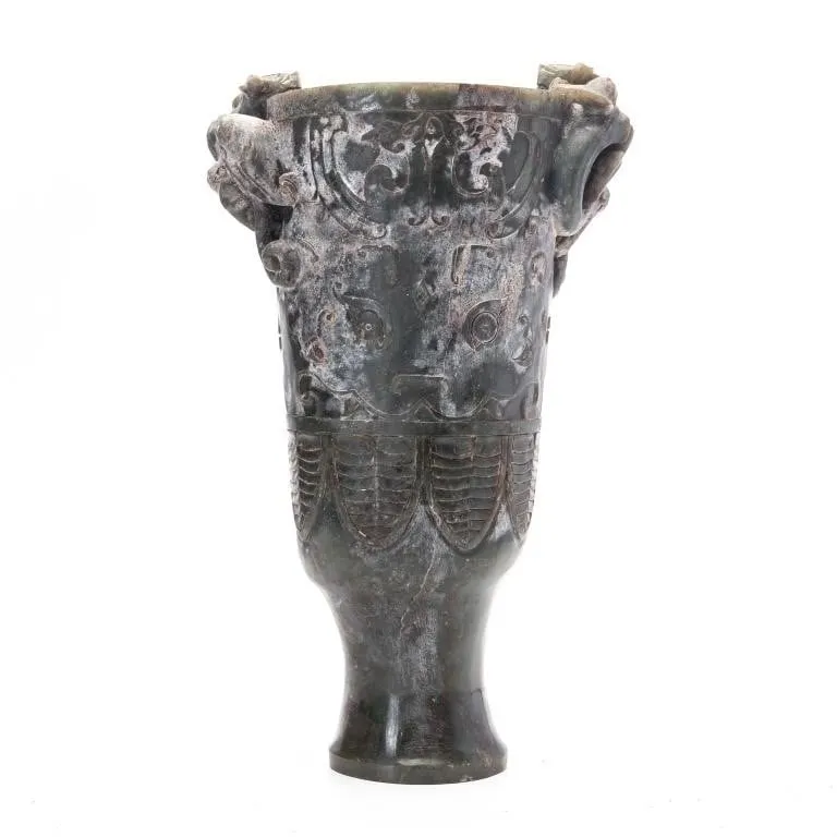 CHINESE ARCHAISTIC CARVED JADE GU