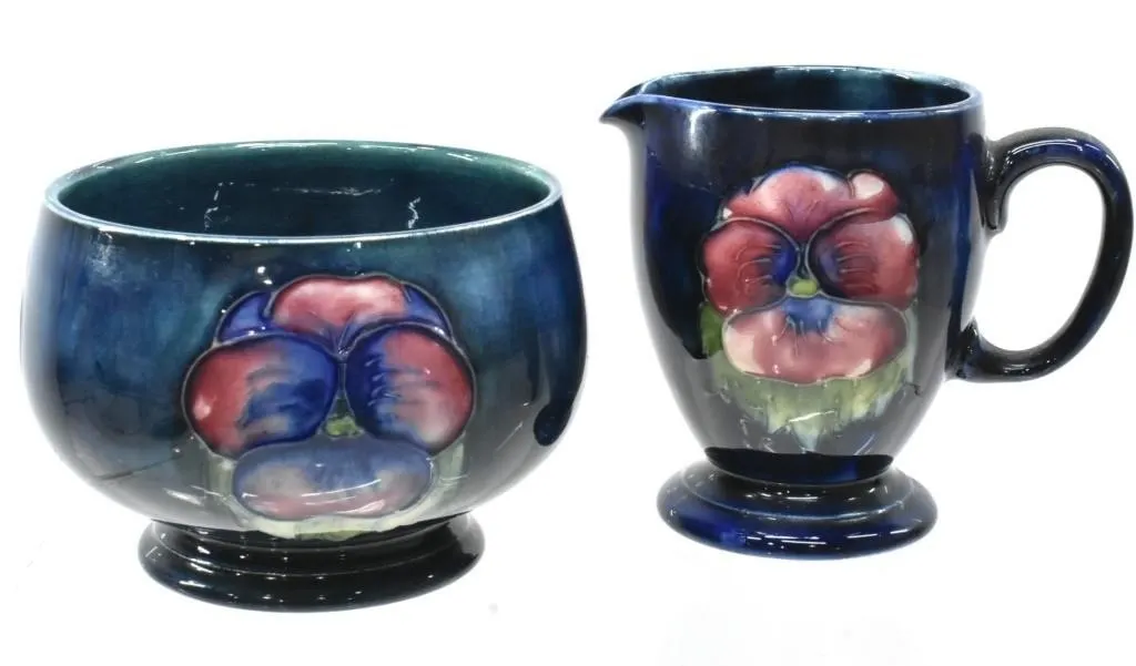 MOORCROFT "PANSIES" OPEN SUGAR & CREAMER