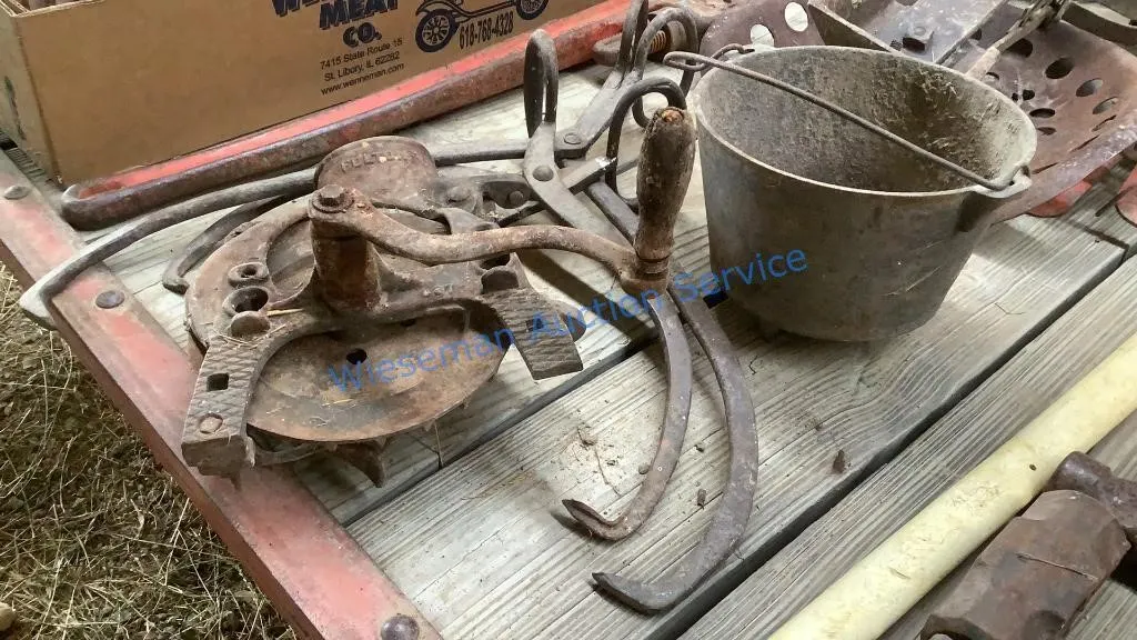 FULTON CORN SHELLER, ICE TONGS, CAST IRON FOOTED
