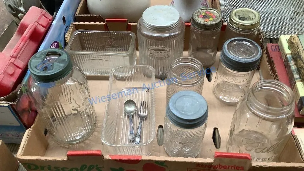 VINTAGE GLASS JARS, JUMBO PEANUT BUTTER JARS,