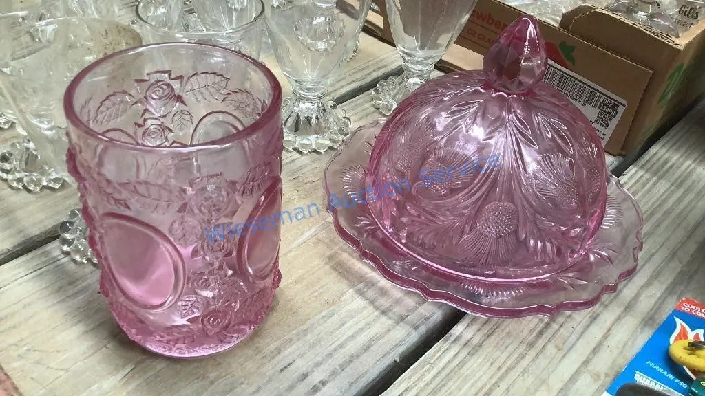 MOSSER PINK GLASS PLATE WITH DOME TOP AND SMALL