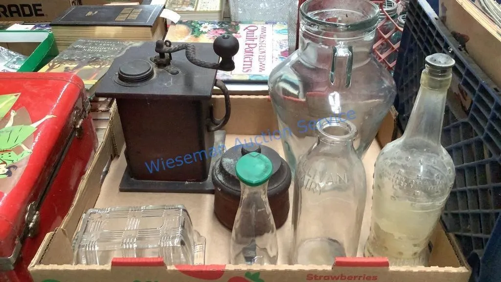 COFFEE GRINDER, SULLIVAN DAIRY MILK BOTTLE,