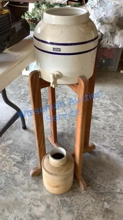 CROCK WATER JUG ON STAND AND STONEWARE PIECE