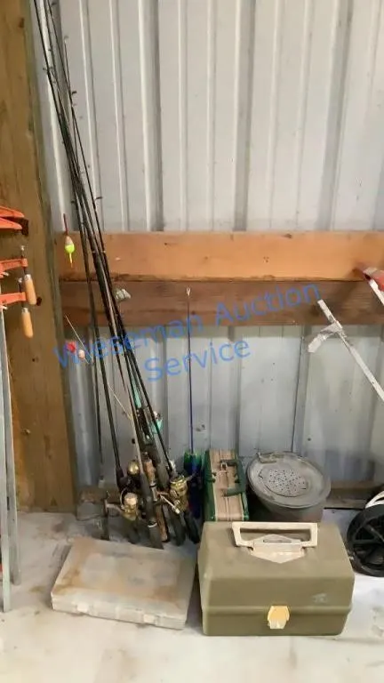 FISHING LOT - RODS, TACKLE BOXES AND MINNOW BUCKET