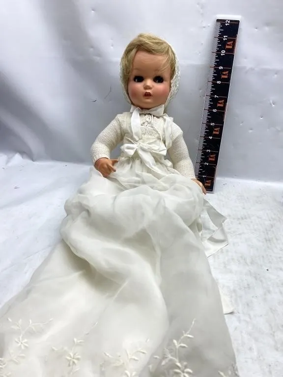 Vintage baby doll in white christening gown &