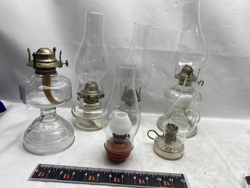 Antique Glass Oil Lamps with Chimneys, Set of 6