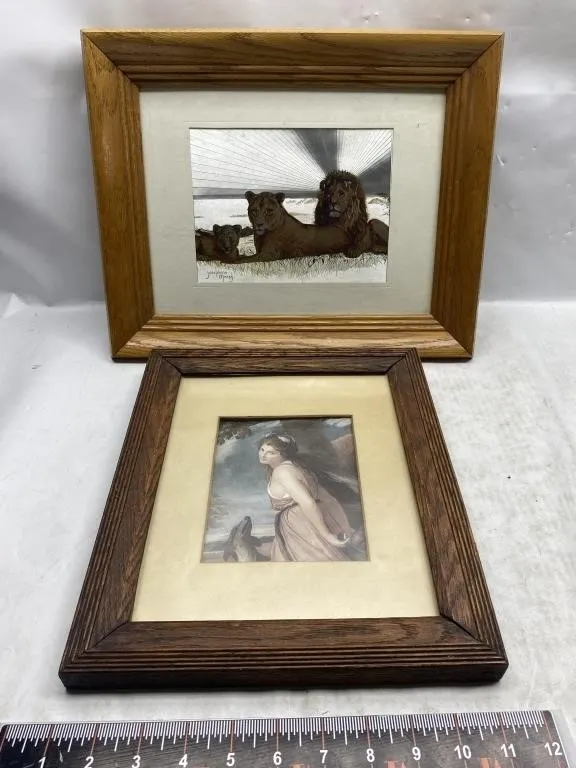 Two Framed Prints: Lions & Bacchante (Lady