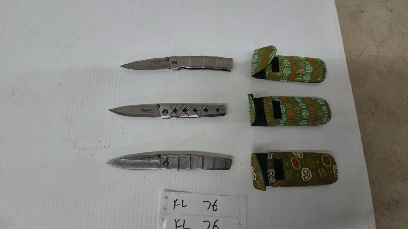 Three MCUSTA VG-10 Seki Japan Folding Knives and Sheaths