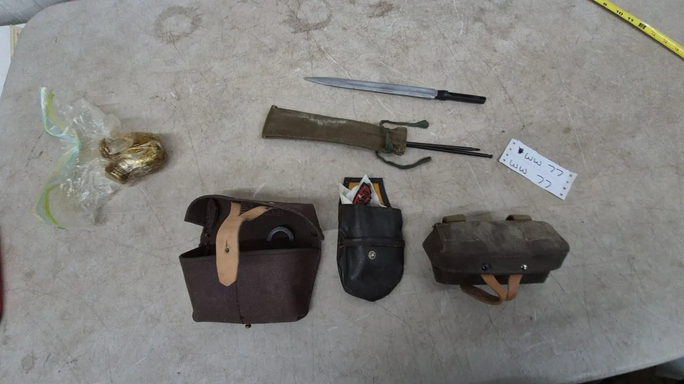 Assorted Military and Gun-Cleaning Gear: Bayonet, Cleaning Rods, and Pouches
