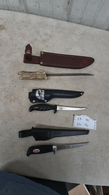 Assorted Knives: Rapala Fillet Knives and Antler Handle Knife