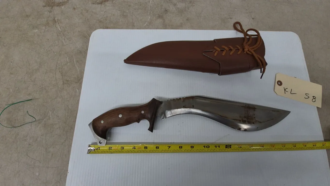 Scourge Kukri Knife with Wood Handle and Brown Leather Sheath