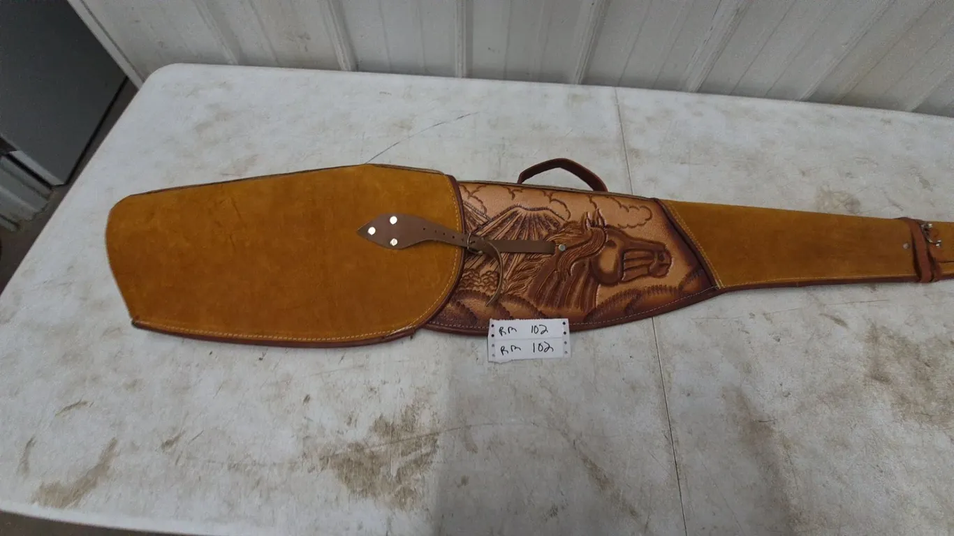 Tooled Leather and Suede Rifle Scabbard with Horse and Mountain Scene