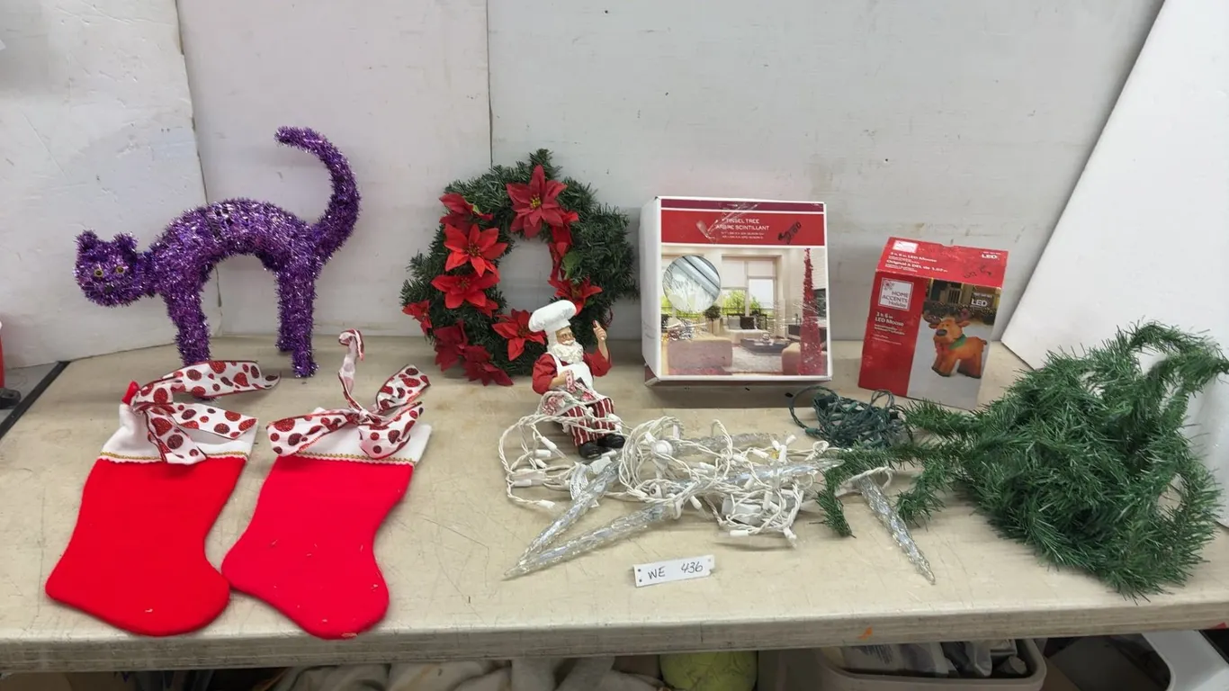 Assorted Christmas Decor: Tinsel Tree, LED Moose, Wreath, Stockings, Tinsel Cat, Lights