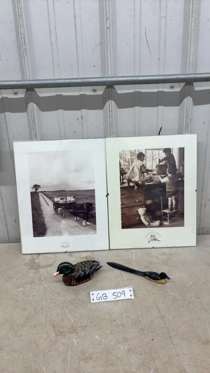 2 English Prints 1989 - 8” x10.5” and 2 Duck Wood Carvings