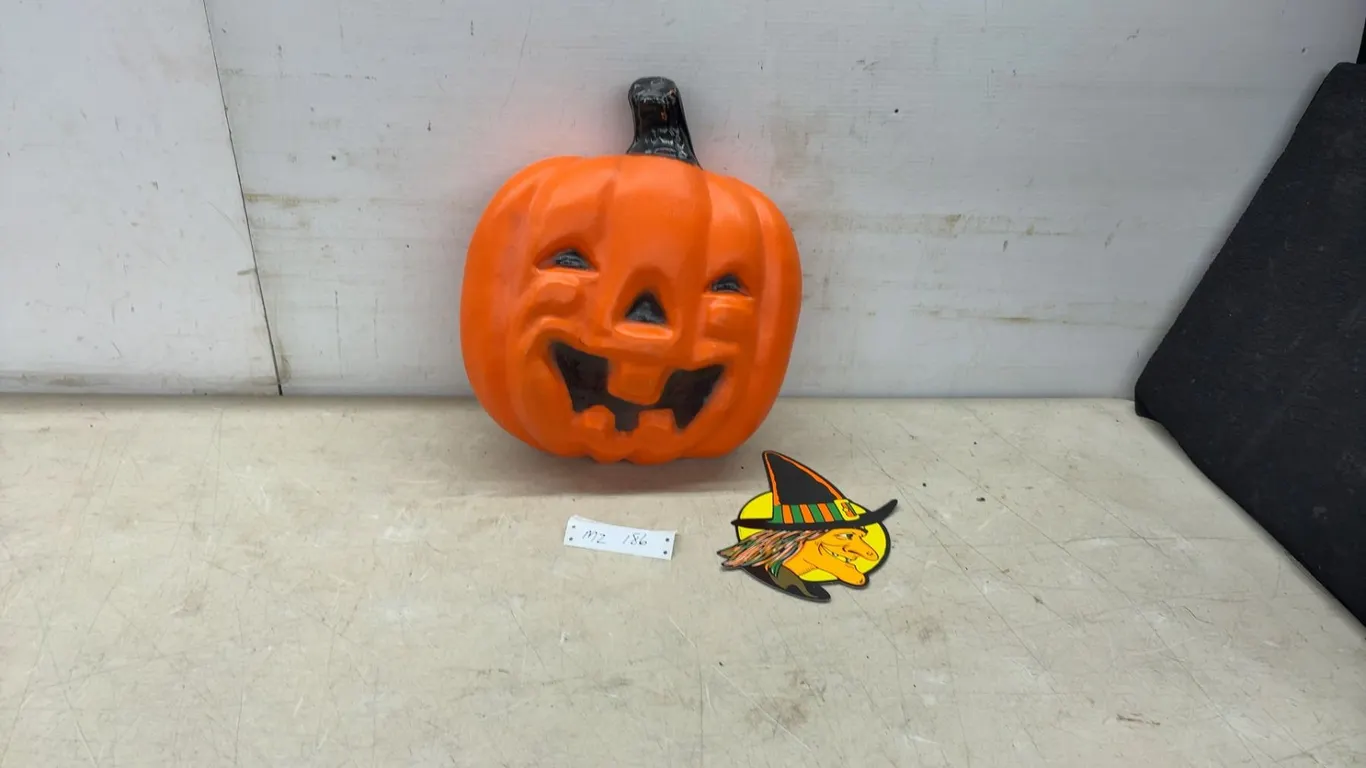 Jack-O'-Lantern Blow Mold, 13” High, No Light and Witch Cutout Decoration, 10 × 7”