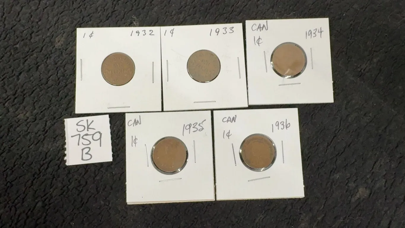 5 Canada Small Pennies 1932, 33, 34, 35, and 36