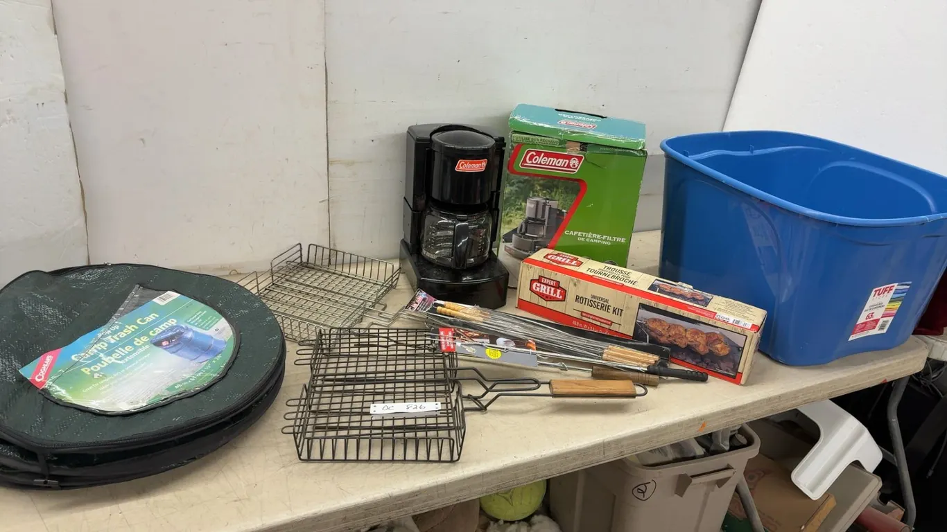 Coleman Camping Coffee Maker, Expert Grill Rotisserie Kit, Coghlan's Pop-Up Trash Can
