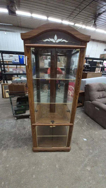 Curved Top Corner Display Cabinet with Glass Shelves and Lower Storage. 76”×28”×14” lights up