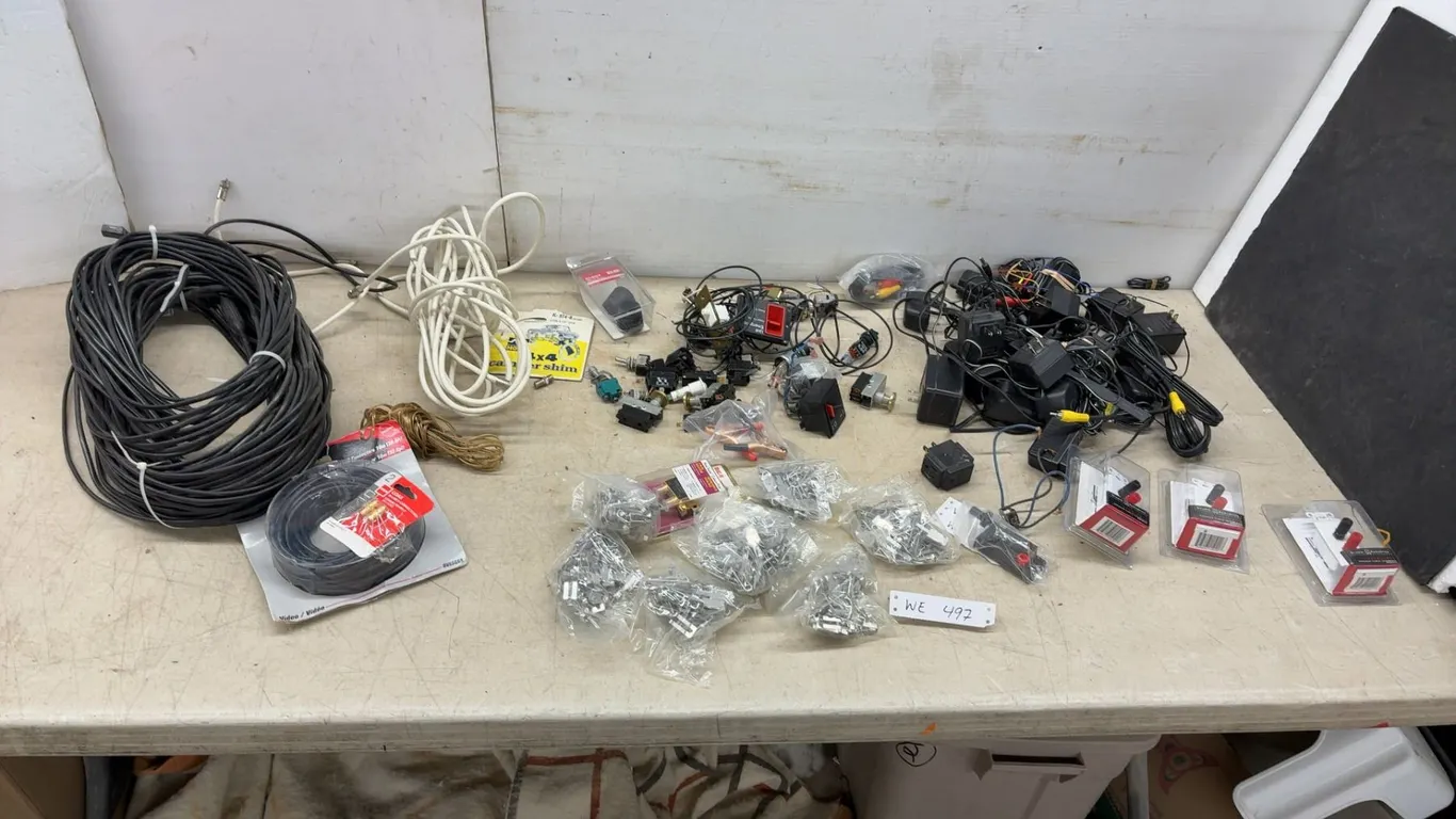 Assortment of Coaxial Cables, Connectors, Switches, AC Adapters, Moog K-974-B Camber Shim