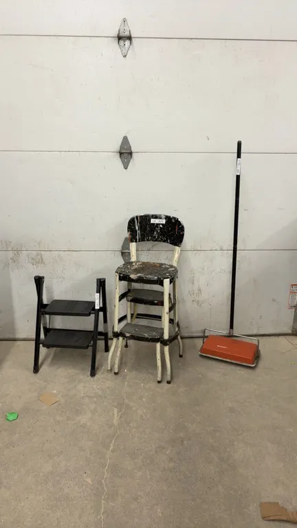 Vintage Bissell Reliance Manual Carpet Sweeper with Metal Housing and Fold-up Step Stool