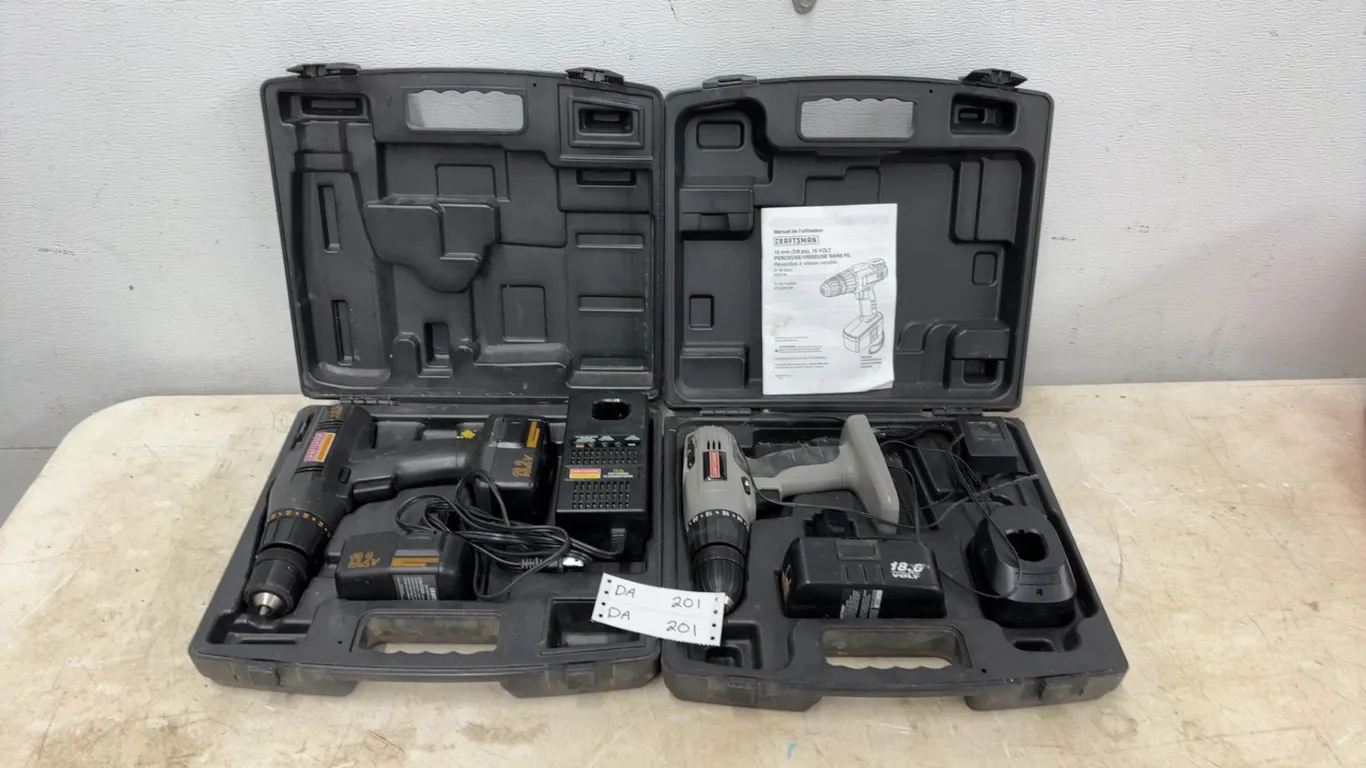 Two Craftsman Cordless Drills: 18.0V and 13.2V, with Cases, Chargers, and Batteries