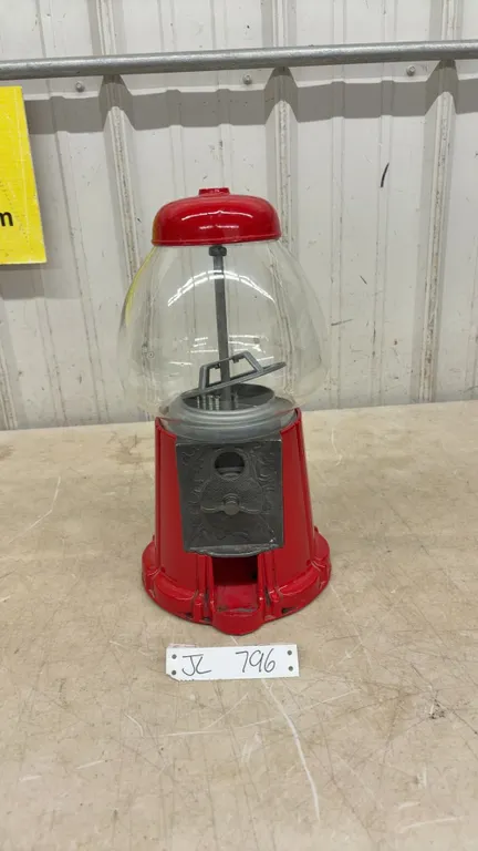 Metal and Glass Gumball Machine 16” Tall, 8” diameter Base