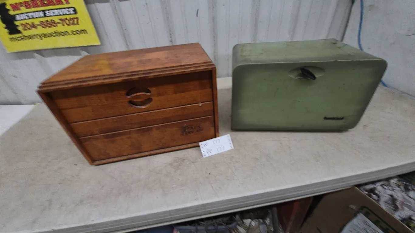 Vintage Wood Bread Box and Green Metal Bread Box