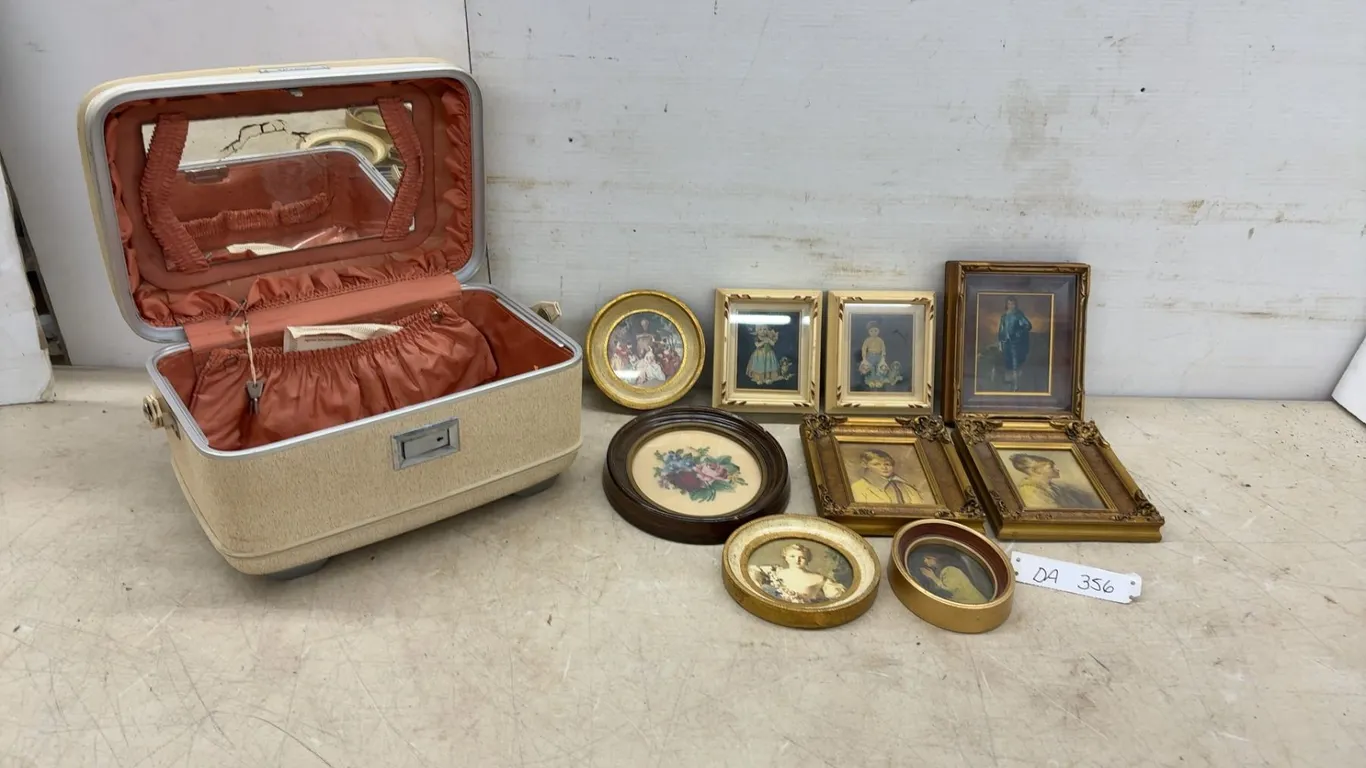 Vintage Imperiale Beige Hardshell Train Case and Assorted Framed Miniature Portrait Prints, Largest