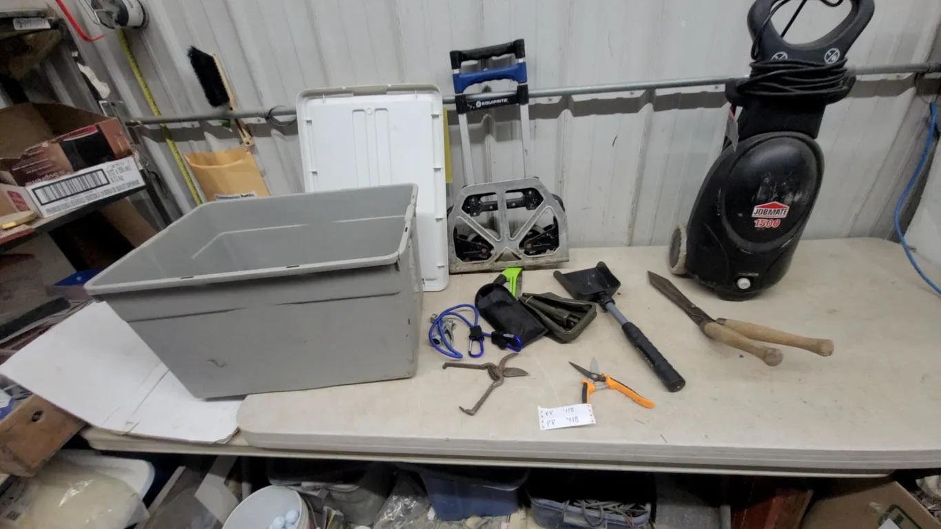 Jobmate 1700 PSI Pressure Washer, Equiprite Hand Truck, Storage Totes, and Garden Tools
