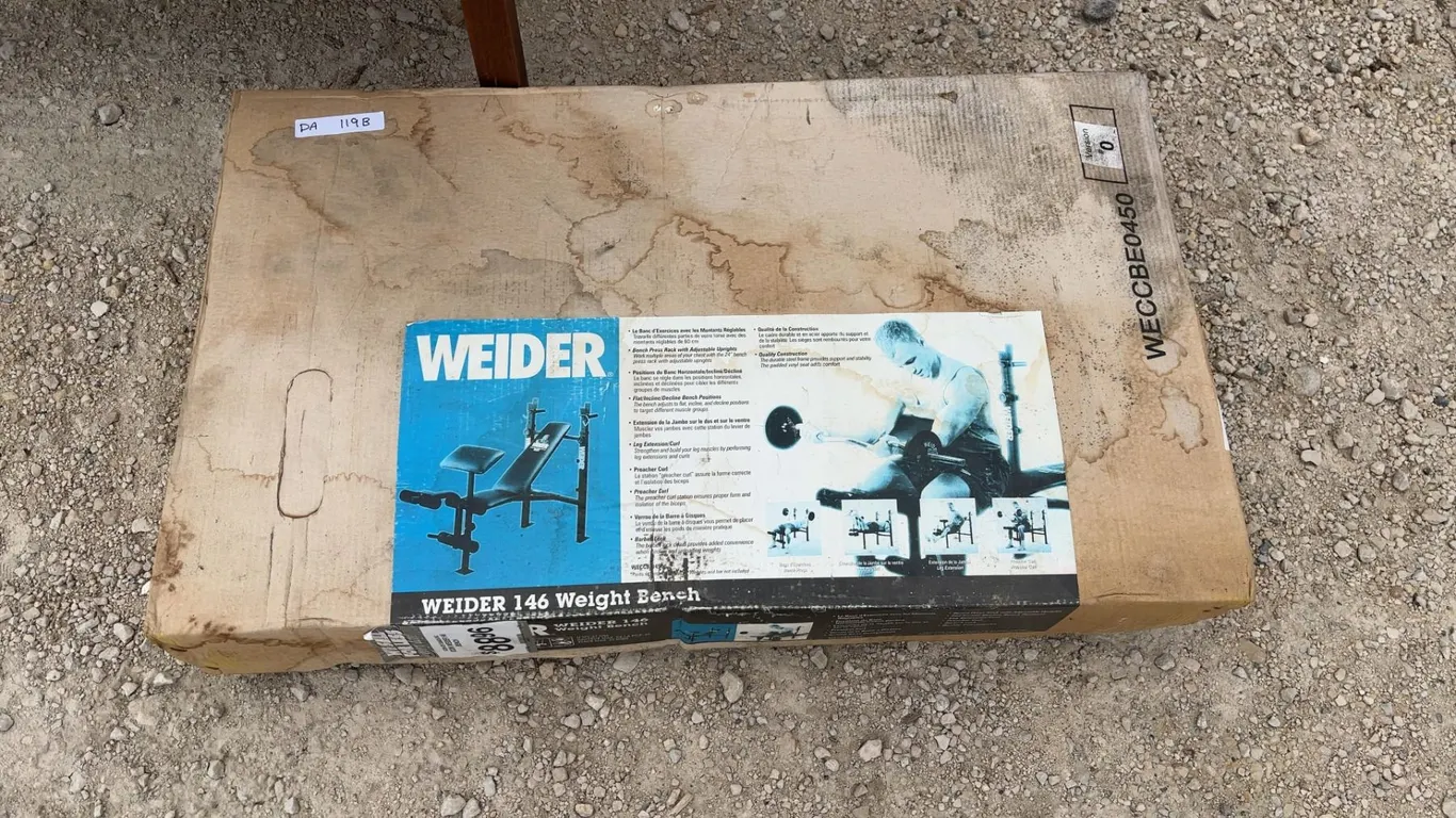 Weider 146 Weight Bench, New in Box, with Bench Press Rack, Leg Extension and Curl