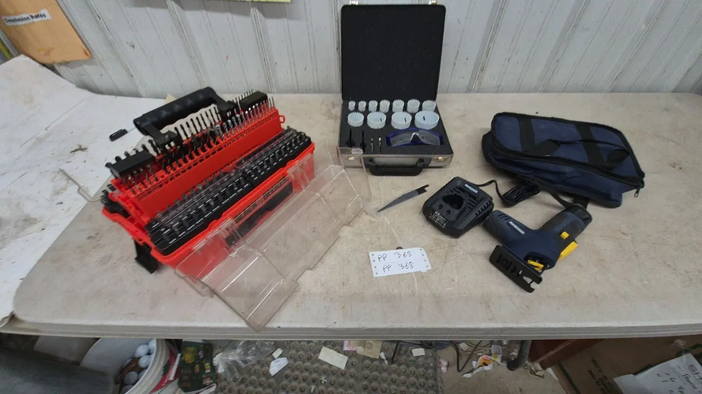 Jigsaw, Hole Saw Kit, and Bit Set with Charger, Battery, Safety Glasses, and Carry Bag