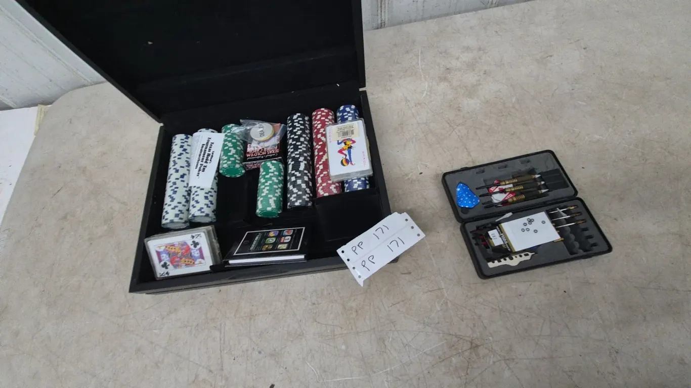 Poker Chip Set with Cards, Dice, and Dealer Button; Darts Set with Flights, Shafts, and Tips