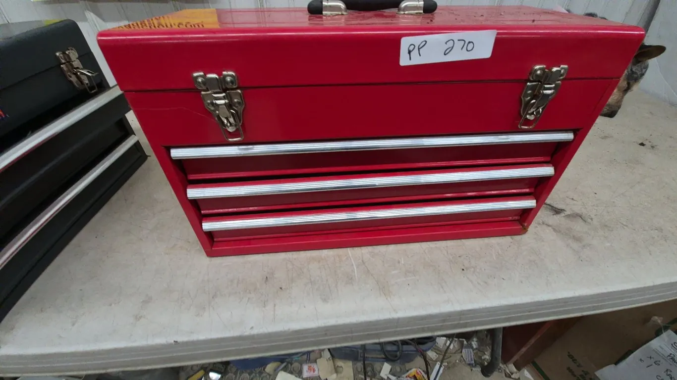 Red 3-Drawer Tool Box with Top Compartment, 12”×20”×9”