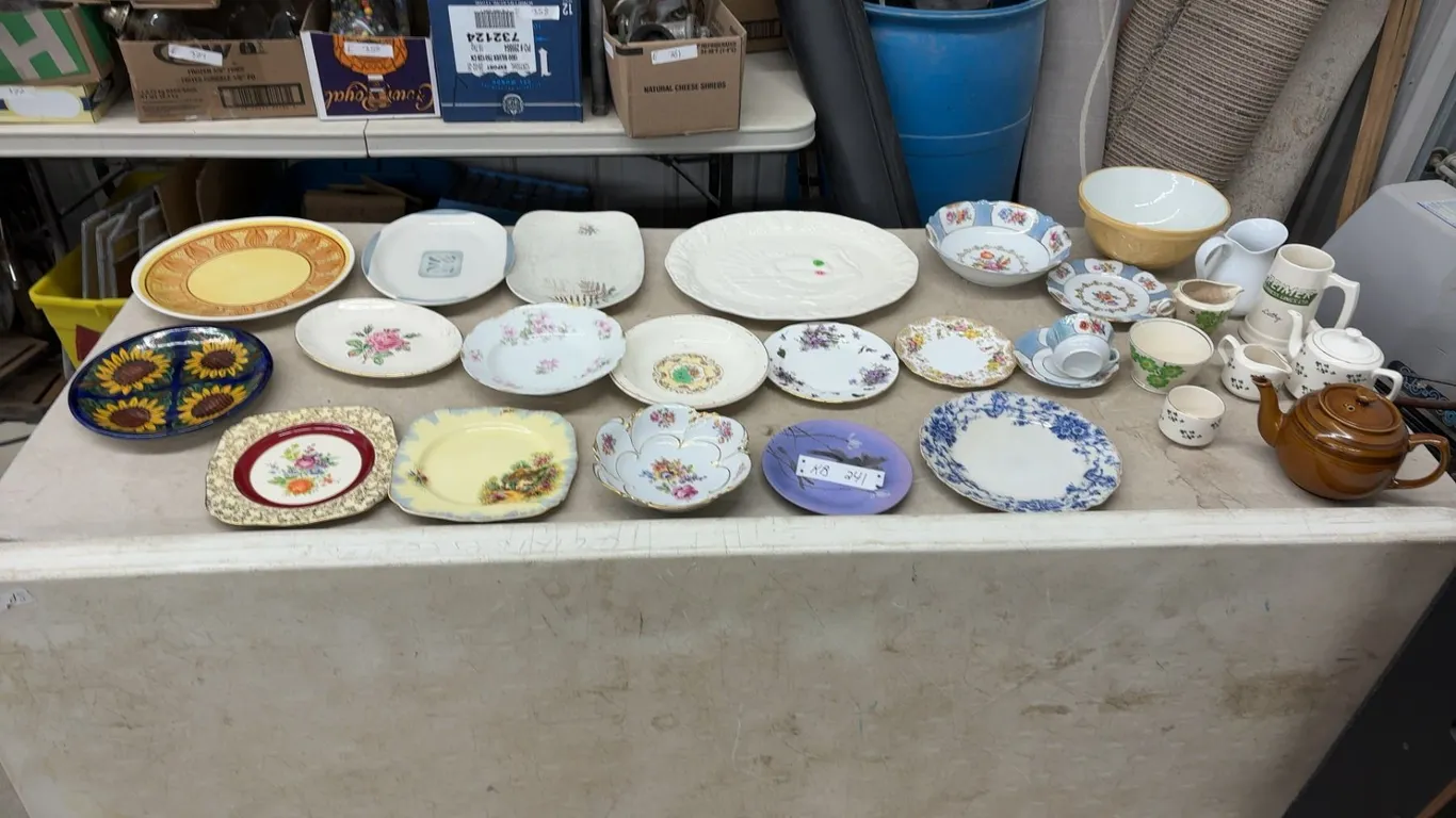 Assortment of Decorative China Serving Plates, Bowls, Teapots