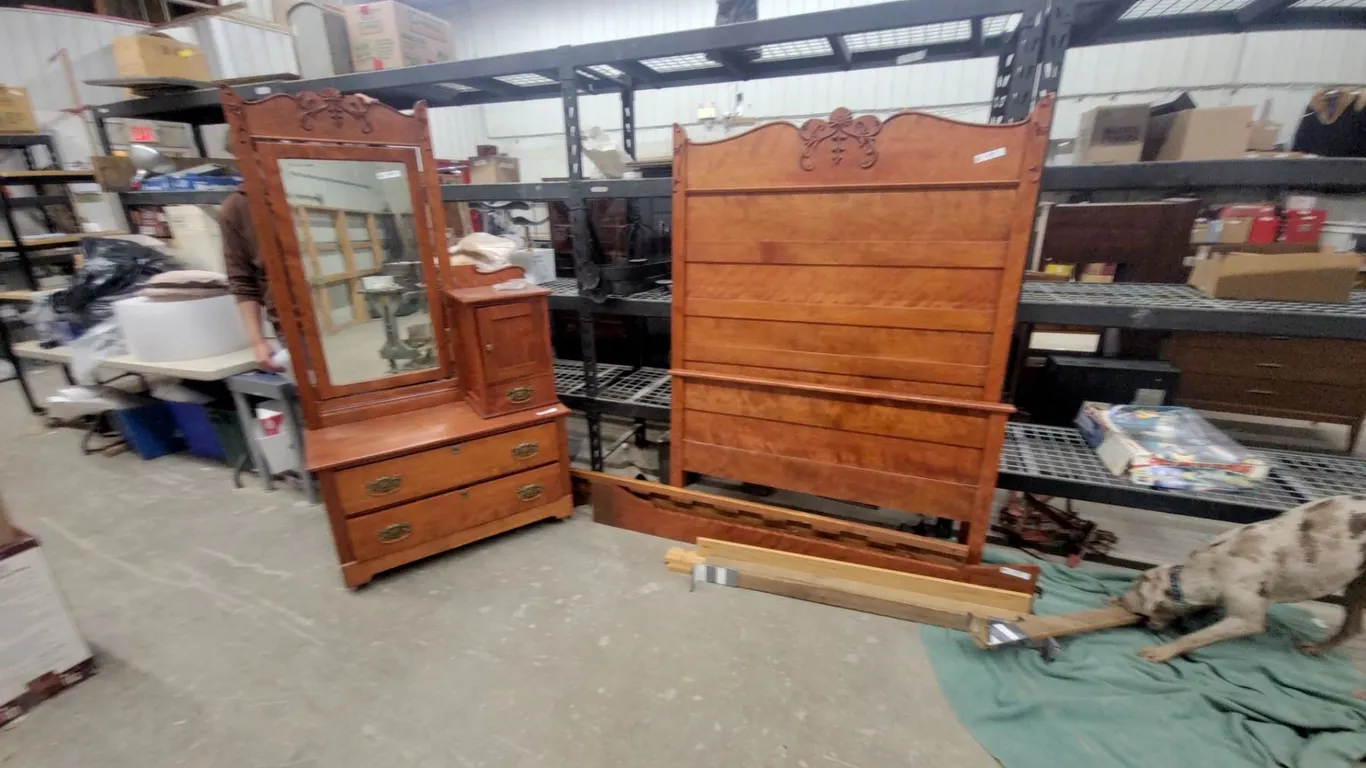 Antique Dresser with Mirror, Cabinet, and Full-Size Bed Frame