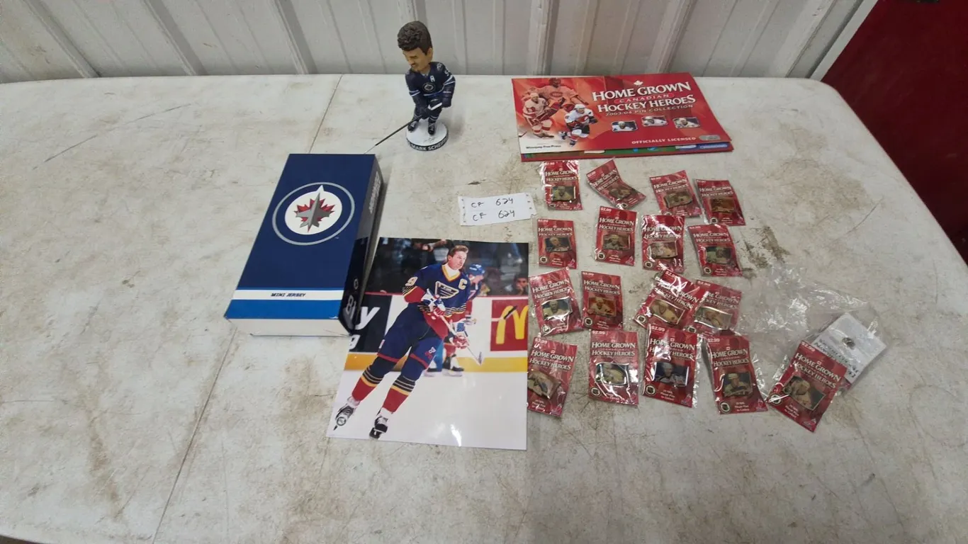 Mark Scheifele Bobblehead, Kyle Connor Mini Jersey Box, Brett Hull Photo, and Hockey Card Packs