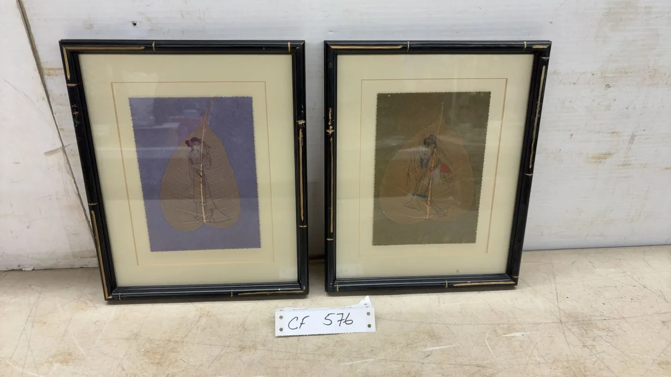 Pair of Framed Asian Hand-Painted Bodhi Leaf Artworks with Geisha Figures in Black Bamboo Frames