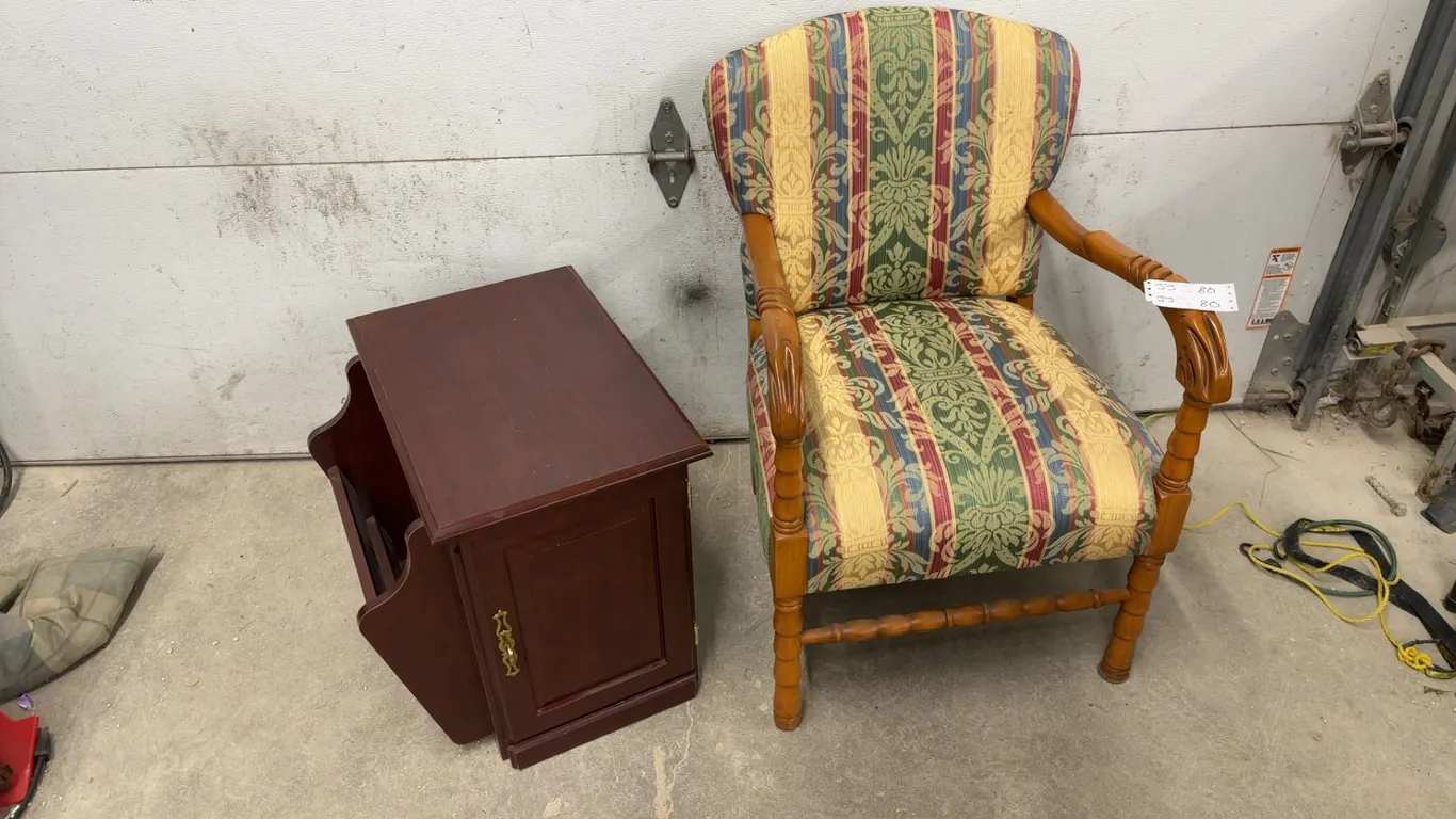 Upholstered Armchair and Wood Side Table with Magazine Rack and Cabinet
