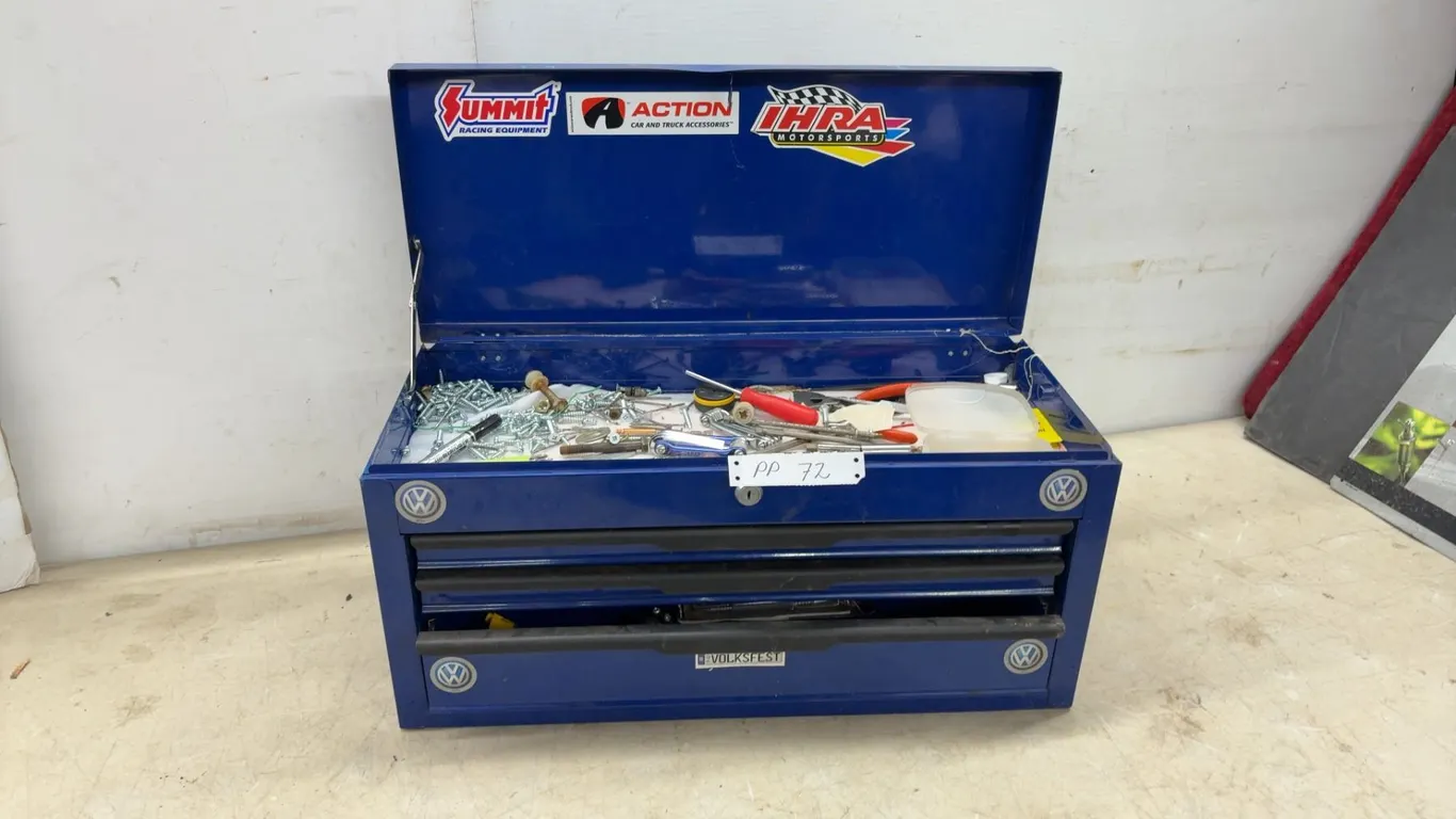 Blue Tool Chest with Screws, Wrenches, Pliers, Screwdrivers, and More, 11 1/2 × 10 × 23 1/2”