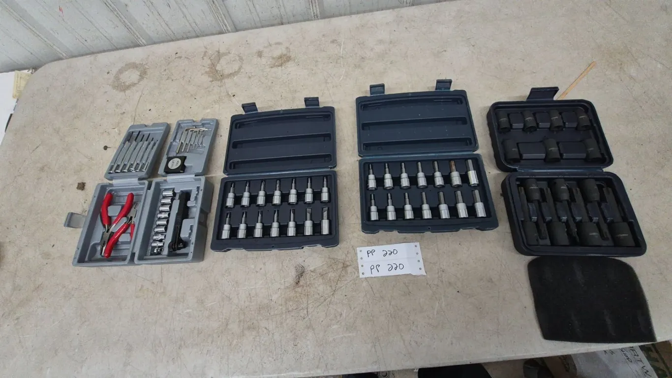 Assorted Socket and Bit Sets: Pliers, Ratchet, Sockets, Torx, Hex