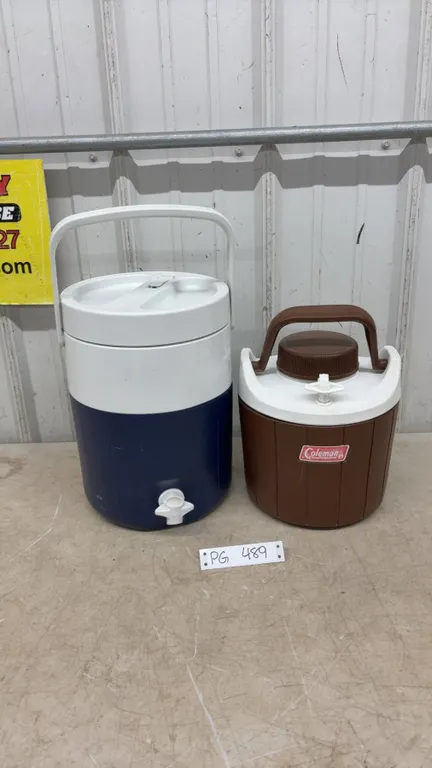 2 Coleman Water Jugs/coolers, Brown = 1Gallon/ 4Litres, Blue = 2Gallons/ 8 Litres, 2 dispensing